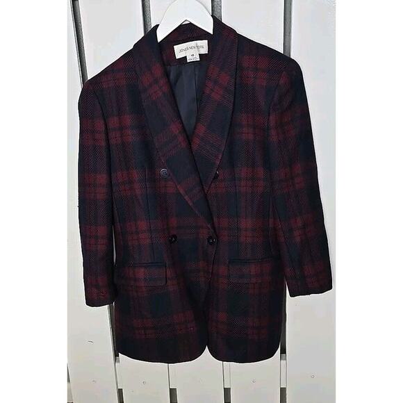 Jones New York Women's 100% Wool Plaid Dark‎ Academia Blazer Jacket Red Blue 10 - Picture 1 of 12